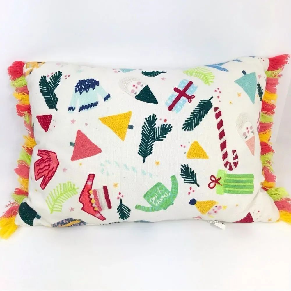 Joann Colorful Tassel Holiday Themed Embroidered Christmas Accent Pillow